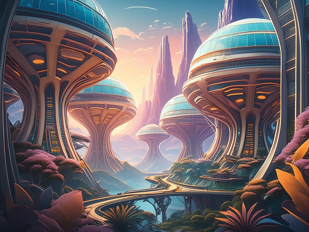 Un paysage de science-fiction futuriste avec des éléments architecturaux organiques, dans le style de Syd Mead- prompts IA